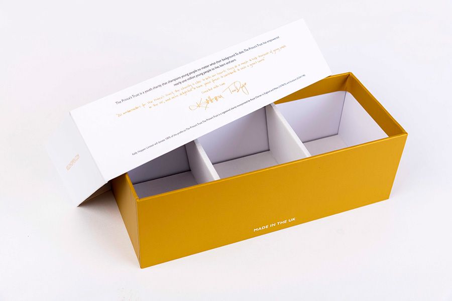 Back view of Rigid candle box with card insert making three compartments