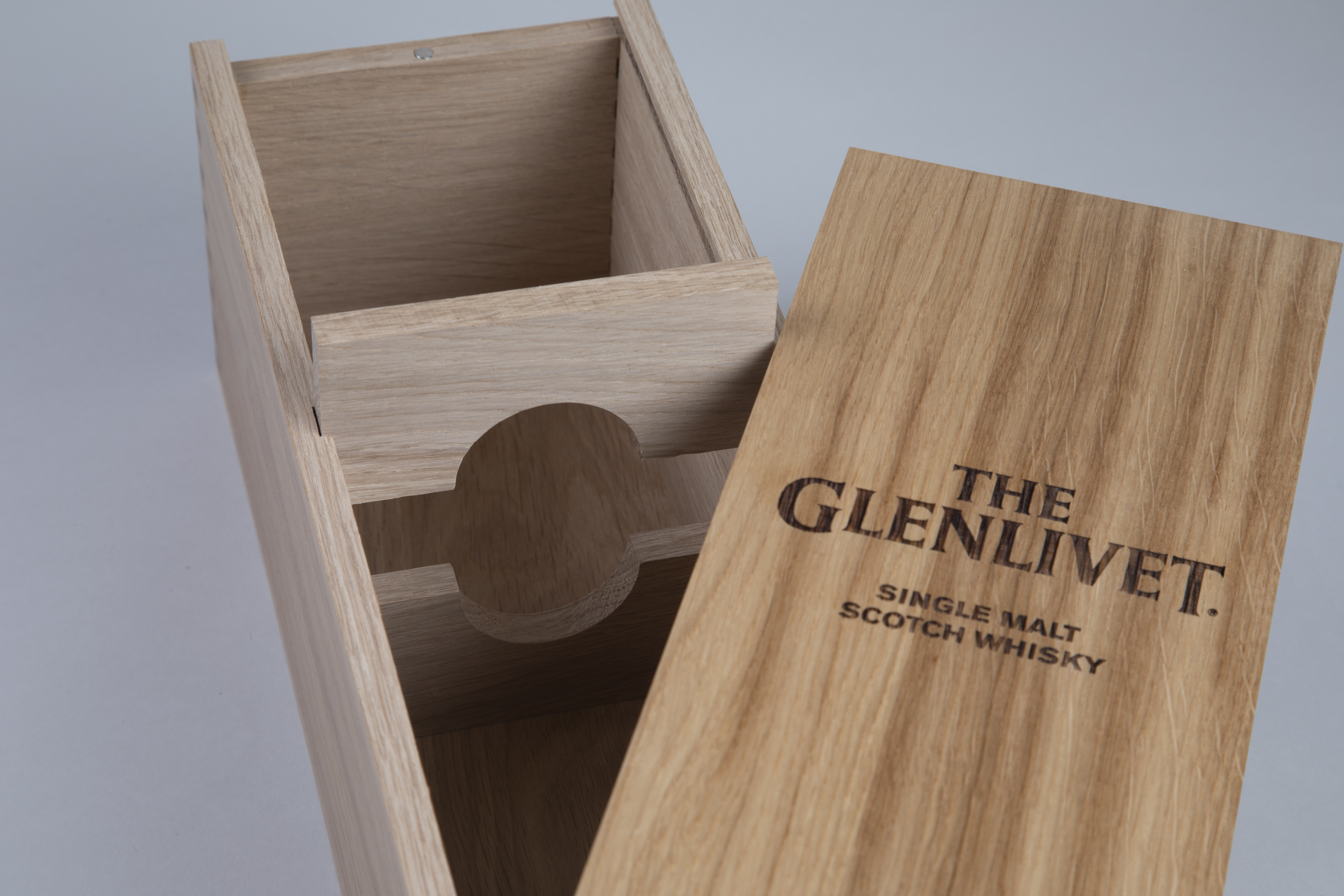 The Glenlivet whiskey custom wooden box package.