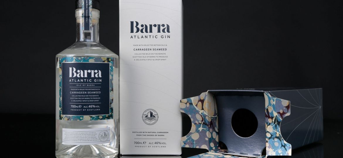 Barra Atlantic Gin bottle and white box packaging which helping sales increase