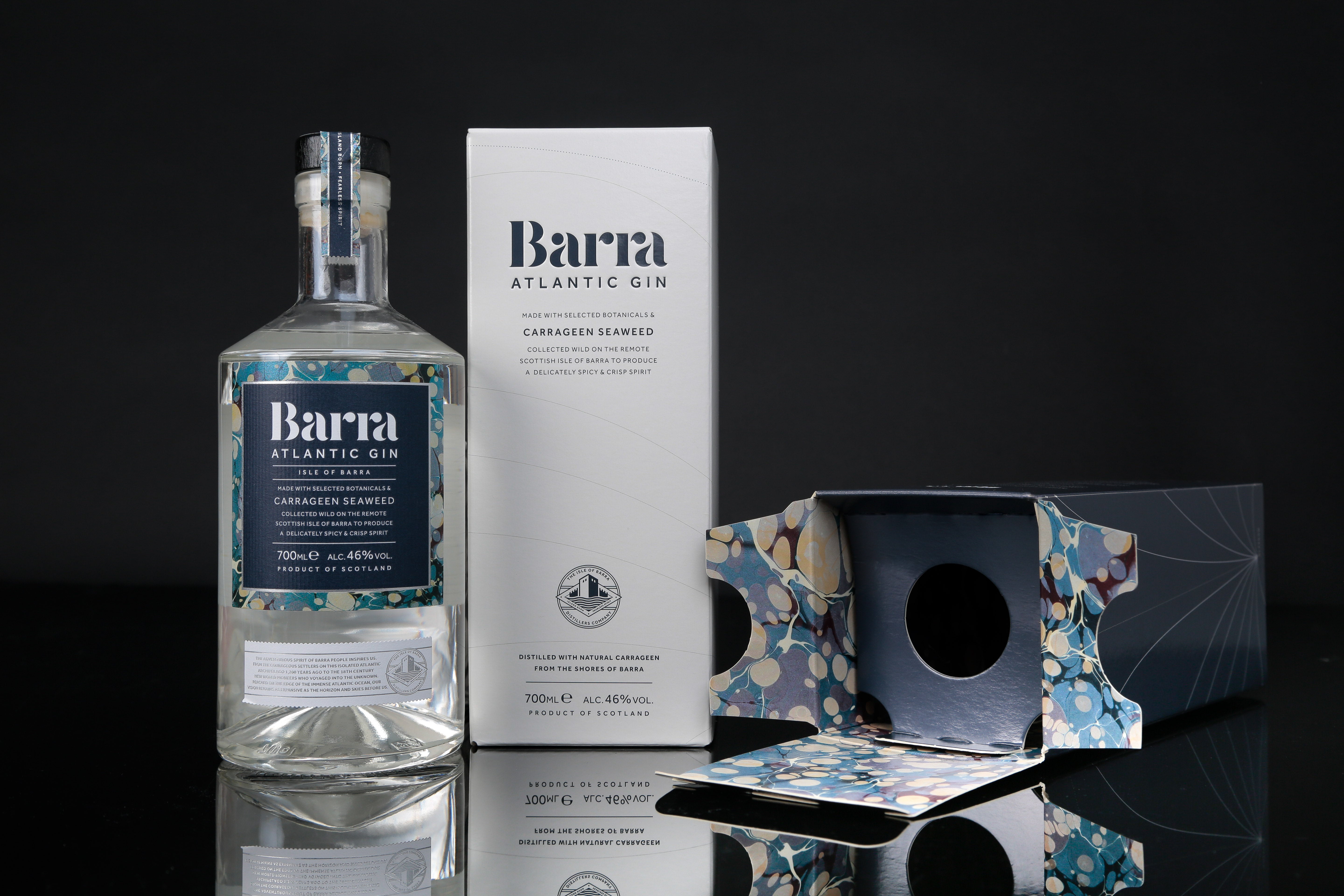 Barra Atlantic Gin bottle and white box packaging which helping sales increase